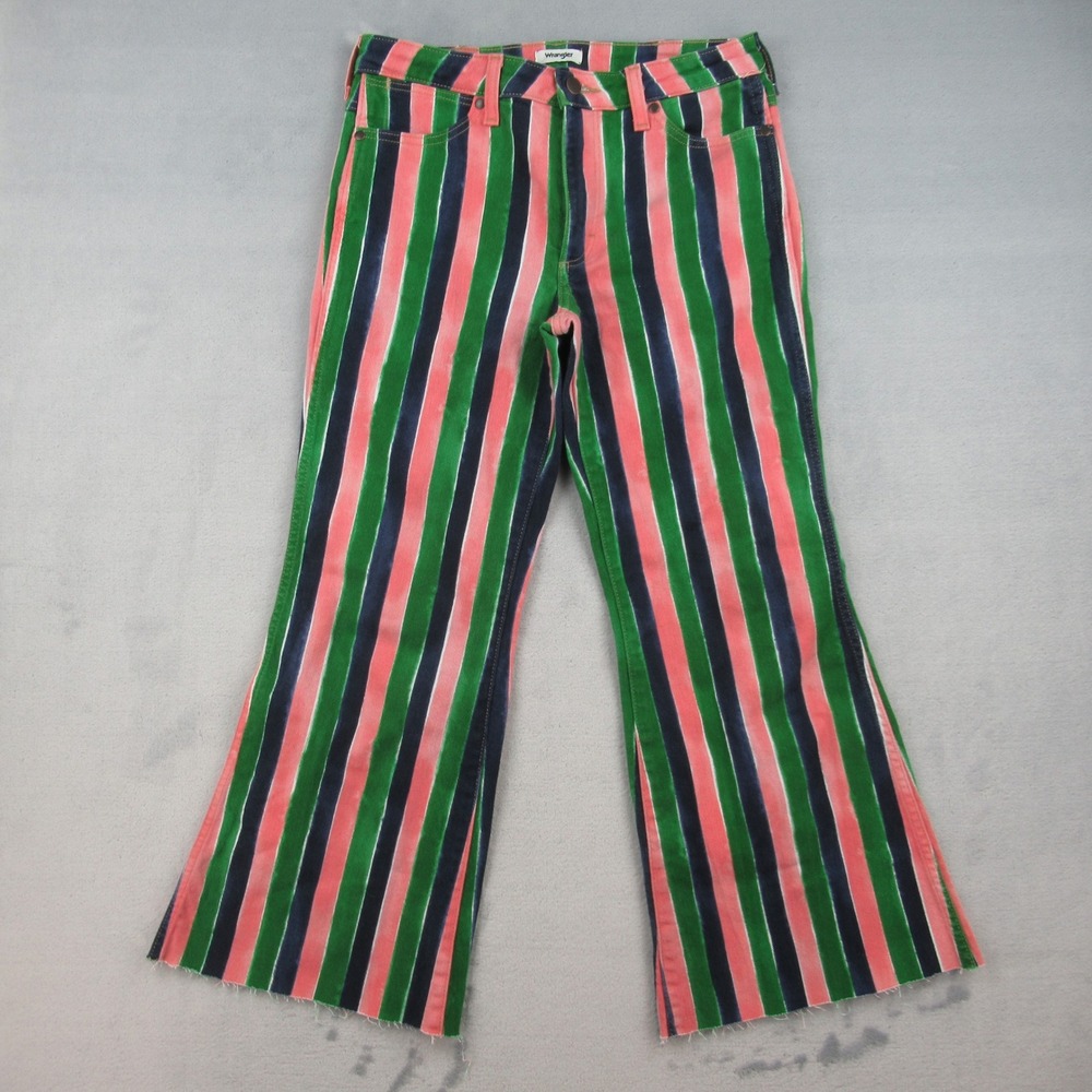 Wrangler Wanderer Flare Jeans Womens 28 Multicolor Striped High Rise Raw Hem